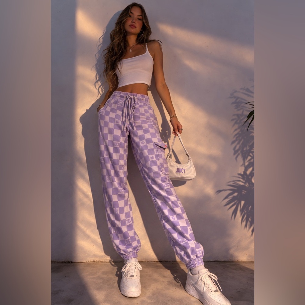 Lavender Checkered Drawstring Joggers - Women